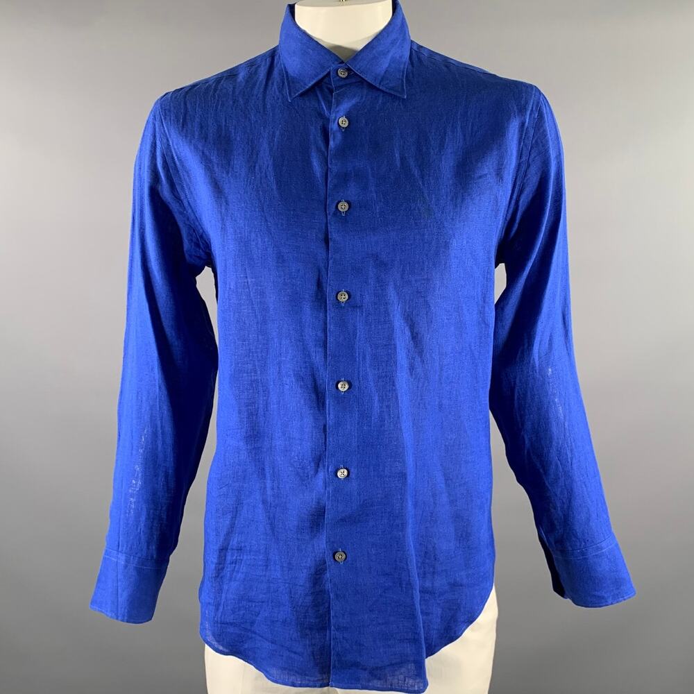 ARMANI COLLEZIONI Size L Blue Cobalt Solid Linen Long Sleeve Shirt